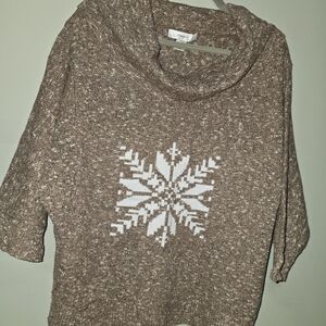 CJ Banks Brown Cowl Neck Sweater with White Snowflake